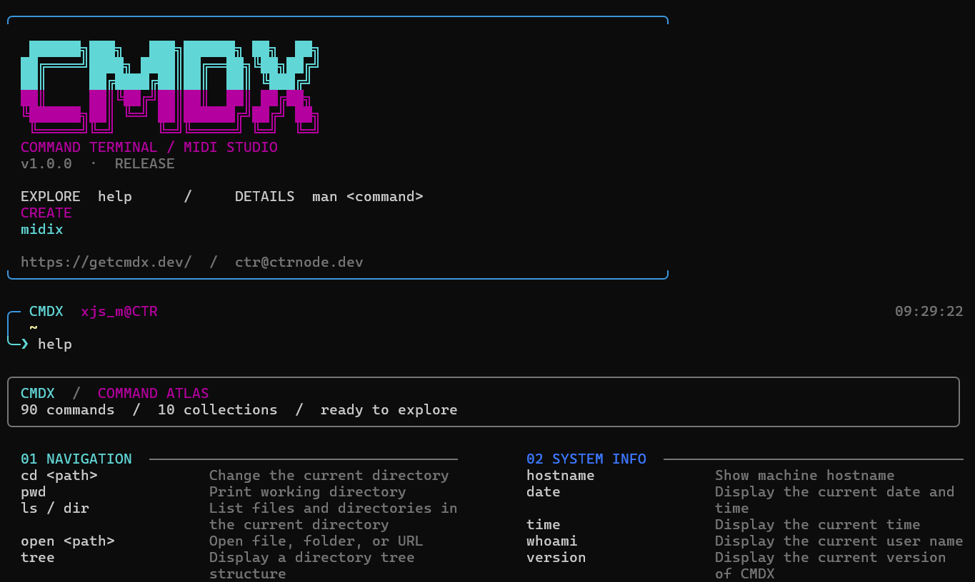 Illustration of the CMDX terminal and grouped command help